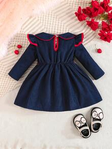 女婴休闲可爱樱桃刺绣蝴蝶结领长袖连衣裙，秋冬款 - 寶藍色 - 查看 2