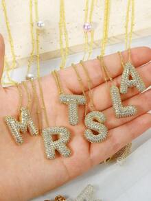 CZ Zirconia 26 Letters A-Z Pendant Necklace, Women's Punk Style Initial Necklace, Fashionable Stainless Steel Hip Hop Jewelry - Vàng - Xem 6