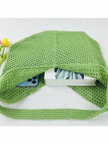 大容量钩针单肩托特包 - 轻便、多功能针织手提包，米色、粉色、棕色、黑色，适合旅行、海滩、度假和日常使用，超大托特包 - 綠色 - 查看 6