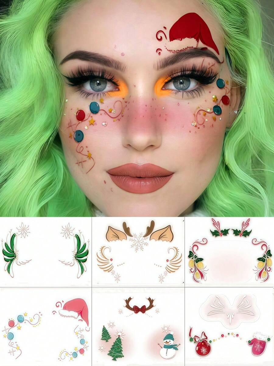 6 Blatt Weihnachts-Gesichtstattoos, Weihnachtsmann-Hut Aufkleber, Rentier-Gesichtstattoo, Hirsch-Gesichts-Make-up, wasserfeste Weihnachts-Make-up-Aufkleber für Festivalferien, Weihnachtsdekorationen