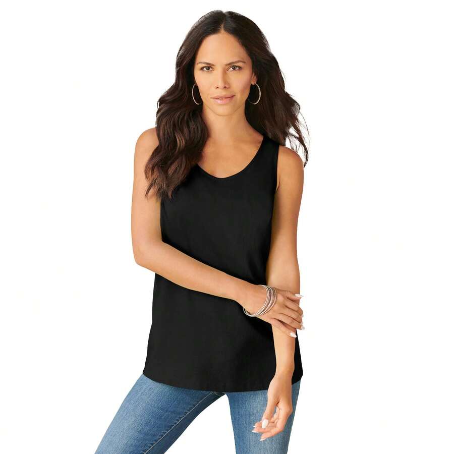 Roaman's Women's Plus Size Cotton Scoopneck Tank Top - 黑色 - 查看 1