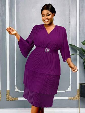 AOMEI Purple Plus Size Elegant Women Cake Dress Elegant Chiffon Pleated V Neck A Line Half Sleeve High Waist Tiered Dresses Formal Work Office Daily Clothings