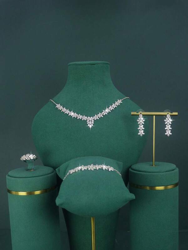 5pcs White Gold Plated Leaf Design Bridal Wedding Jewelry Set, Handset White Cubic Zirconia, Including Necklace, Bracelet, Earrings, Ring, Suitable For Daily Wear And Wedding Ceremony, Wedding Anniversary Gift