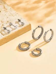 14pcs/7pcs Stainless Steel Smooth Snake Skin Shape Hoop Earrings Set And Ear Studs For Women, Dainty No Electroplating Huggie Hoop Earrings Tiny Flat Back Stud Earrings For Lobe Cartilage Helix For Multiple Piercing, 8mm/10mm/12mm/14mm Round Circle Stainless Steel Twisted Shape Small Hoop Earrings And Cartilage Stud Earrings Set - Set 4 - View 2