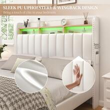 SIBEDS Queen LED Bed Frame With 2 Drawers, Modern Platform Twin Beds With 2 Tier Upholstered Storage Wingback Headboard, Channel Tufted Queen Size Bedframe With Rivet Decor, Full Storage Bed, No Box Spring Needed, PU Leather Black White, Linen Dark Grey - PU Trắng - Xem 5