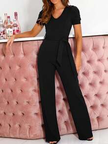 Solid Color V-Neck Waist Cinch Skinny Jumpsuit With Belt