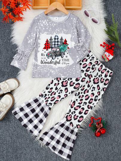 Christmas Outfits For Girls, Christmas-Themed Prints, Round Neck Long-Sleeved Leopard Print Flared Pants, Girls' Sets, Young Girl' Christmas Outfits, Girls' Tracksuit Sets