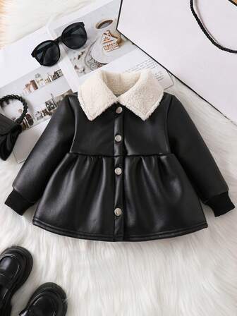 女婴经典翻领加厚黑色仿皮保暖夹克，秋冬季户外保暖服