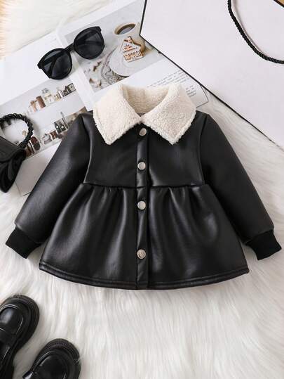 女婴经典翻领加厚黑色仿皮保暖夹克，秋冬季户外保暖服