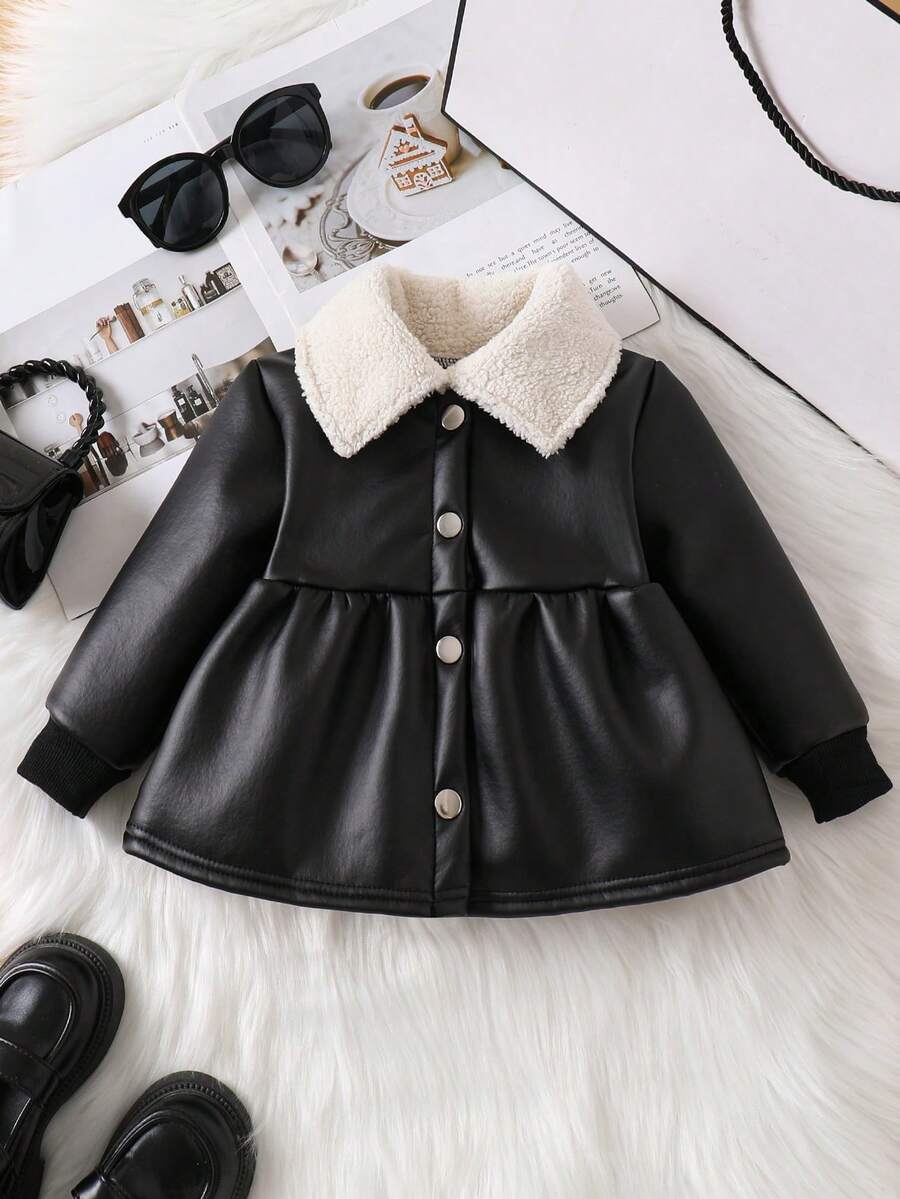 女婴经典翻领加厚黑色仿皮保暖夹克，秋冬季户外保暖服 - 黑色 - 查看 1