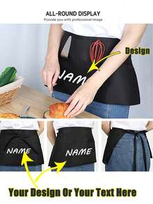 1Pc Personalized CustomUnisex Polyester Apron With 3 Pockets - Customizable Short Half Waist Waiter Work Uniform Hair Stylist Black Apron Hairdresser Beauty Salon Cosmetologist Cosmetology School Barber Gift Custom,For Kitchen, Hotel, Restaurant, Cooking, Baking, And Chef Use, Perfect For Personalized Text Or Logo