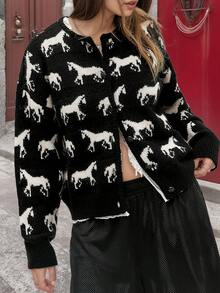 Women's Autumn And Winter New Animal Pattern Contrast Color Casual Fashion Ribbed Long-Sleeved Sweater Cardigan Jacket