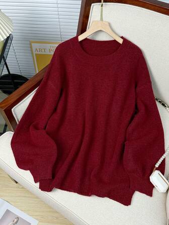Burgundy Crew Neck Casual Knit Sweater For Women