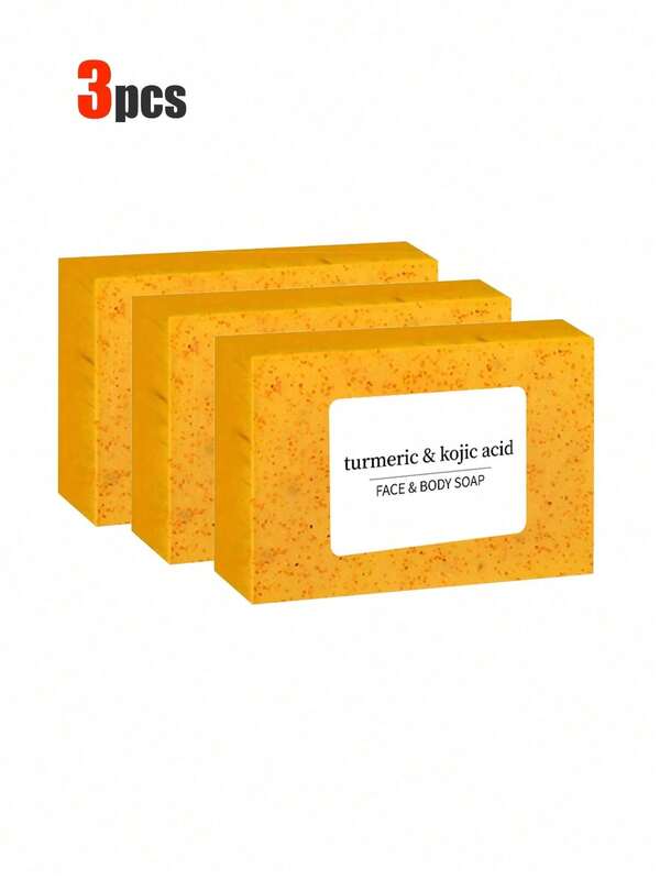 3pcs Turmeric Lemon Kojic Acid Soap 100g, Suitable For Face, Bath And Facial Soap, Handmade Soap Cleanser,Rich Foam Deeply Cleanses And Smoothens Skin, Handmade With Essential Oil