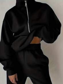 Women's Two-Piece Set Sweatshirt Fleece Sports Street Casual Fashion Outfit For Women. Made With Soft Fleece Fabric And A Half-Zip High Neck Design, This Set Of Two Sweatshirts And Jogger Pants Offers A Perfect Balance Of Warmth And Comfort With A Sweet And Relaxed Vibe. It's A Chic And Effortless Essential For Autumn And Winter, Ideal For Lounging At Home Or Going Out Casually. - 黑色 - 查看 2