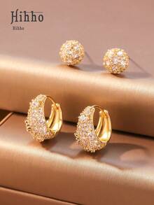 Hihho 4 件/套 3D 半圆形耳钉，创意 U 形全方晶锆石铜耳环套装，适合女性，几何铜首饰