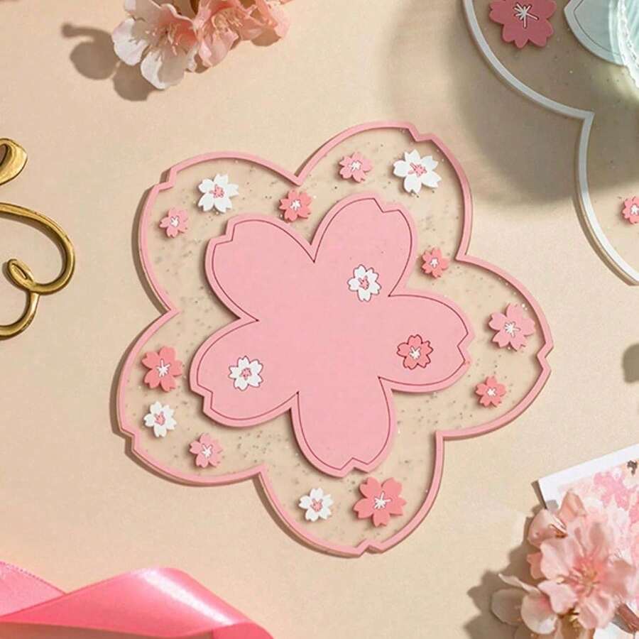 2/4 peças de porta-copos de silicone com flor de cerejeira em PVC, tapete para mesa de jantar, almofada de isolamento térmico para tigela (a quantidade de pó brilhante não é uniforme) - Multicolorido - Ver 1