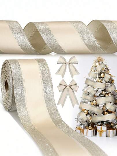 1roll/200cm Of Christmas Ribbon For Crafting, Christmas Wired Edge Ribbon, Glitter Gold Ribbon Bow, 2.48 Inch Wide Stripe Wired Edge Ribbon Holiday Fabric Ribbons For Gift Wrapping, Christmas Sewing DIY Craft Supplies Decor Gift Wrapping Bows Xmas Tree Wreath Garland DIY Crafts (Champagned)