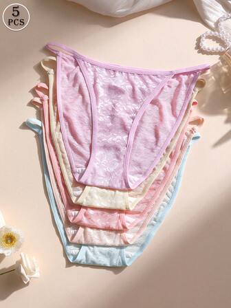 5-pack sömlösa låghöjda bikinitrosor sexiga spetsunderkläder för kvinnor, mjuka bekväma andningsbara trosor för sportdagligt bruk