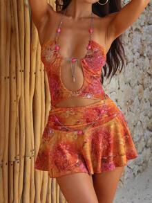 Women Cut Out Mini Dress Tie Dye Halter Neck Ruffle Short Dresses Floral Print Bodycon Beach Sundress - Orange - View 3