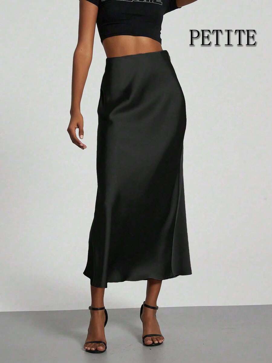 Falda elástica de textura de satén versátil y adecuada para todo el año, versión petite de moda para mujer - Negro - Negro - Ver 1