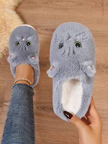 女士秋冬防滑毛绒拖鞋，可爱卡通猫咪设计，保暖厚底室内拖鞋，浅灰色，趣味拖鞋 - 淺灰色 - 查看 7