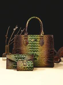 3-Piece Set: Colorful Crocodile Pattern Large Capacity Faux Leather Tote & Crossbody Bags With Matching Wallet Combo - 1# Green + brown - View 1