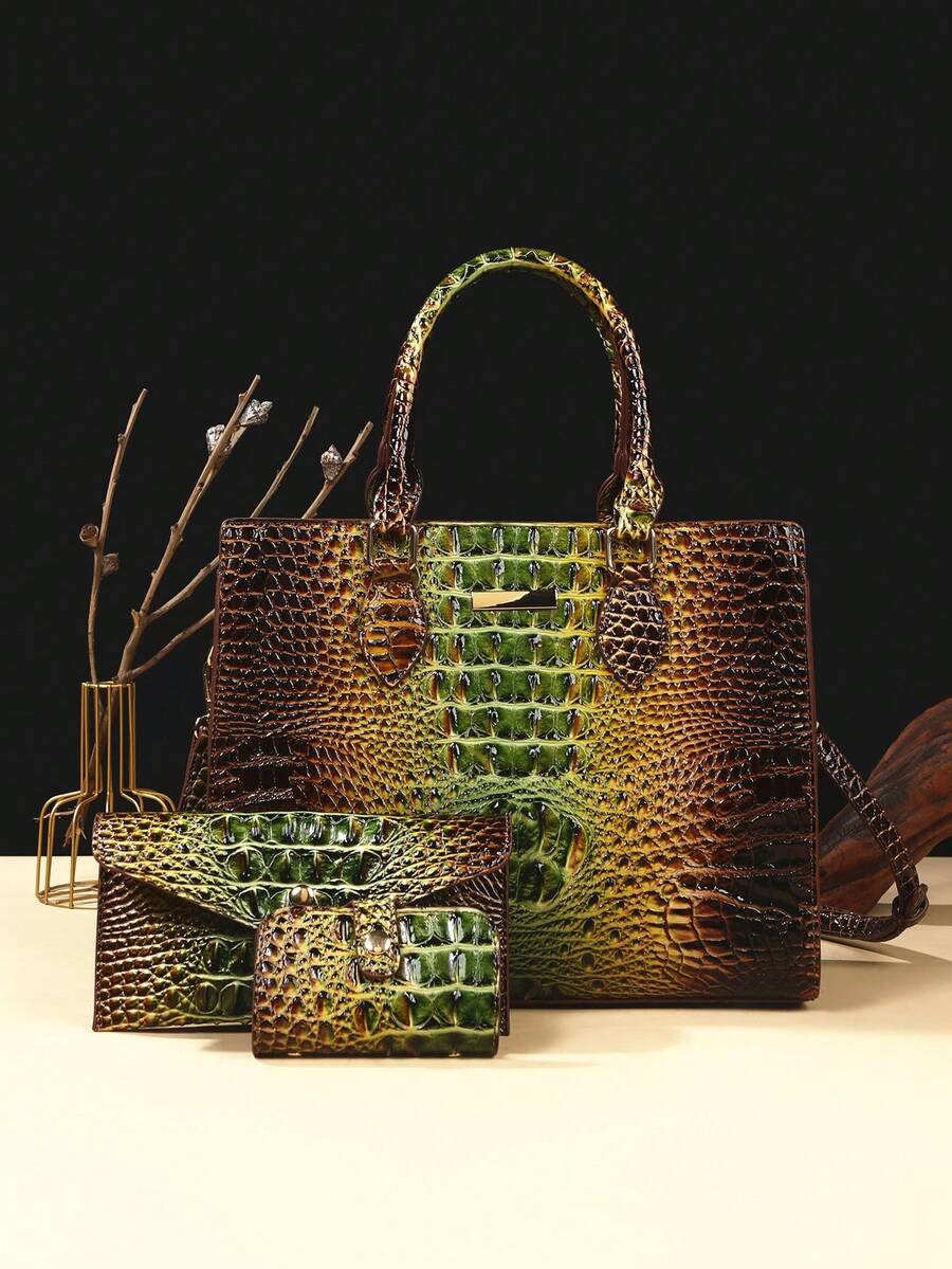 3-Piece Set: Colorful Crocodile Pattern Large Capacity Faux Leather Tote & Crossbody Bags With Matching Wallet Combo - 1# Green + brown - View 1