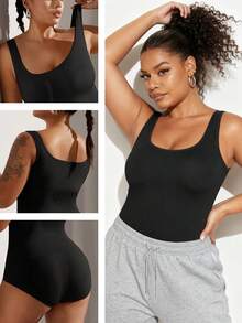 加大码 Curve 女士运动服瑜伽服无缝健身运动高支撑吸湿排汗锻炼透气户外加大码 Curve 女士无缝瑜伽紧身衣高弹力肩带健身女装 - 黑色 - 查看 3