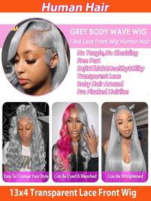 Peluca gris de onda corporal de 32 pulgadas con encaje transparente de 13x4 en la parte delantera, cabello humano brasileño Remy pre-arrancado con cabello de bebé, adecuado para festivales de música, fiestas, cosplay y disfraces de bruja, princesa, hada y sirena para todas las estaciones