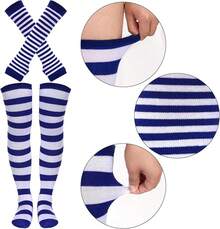 Tongcloud Women's Striped Knee High Socks, Over Knee Thigh High Socks, Arm Warmer And Fingerless Gloves SetHalloween Christmas New Year - 深藍色和白色 - 查看 6