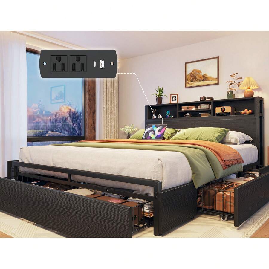 Bed Frame With 6 Storage Drawers & Charging Station Metal Platform Bed Frame With Bookcase Headboard,No Noise,Black - 查看 1