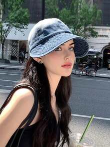 1pc Women's Washed Denim Beret Hat With Flower Embroidery, Fashion Minimalist Artist Hat, Elegant Retro Flat Top Octagonal Cap Suitable For Spring/Summer Outdoor, Shopping