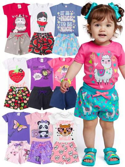 Kit 4 Peças Menina Infantil Verão Premium Conjunto Bebê 1 ao 3 – 2 Camisetas + 2 Bermudas – Pronta Entrega