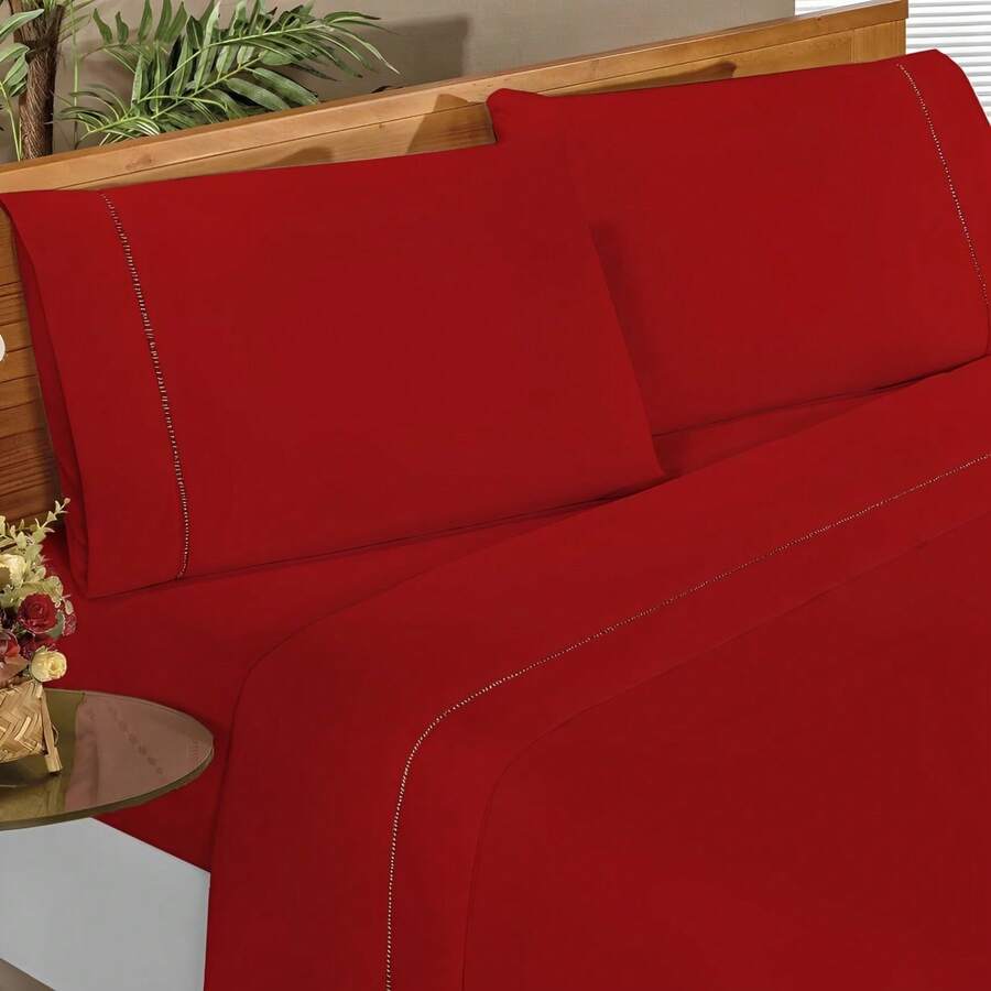 Ponto Palito Bed Sheet Set Kit Single/Double/Queen/King MicroPercal 4 Pieces With Pillowcase 400 Thread Count - Red - View 1