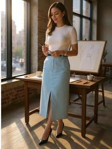 Midi Skirt With Belt High Waist Slit - Baby Blue - View 1