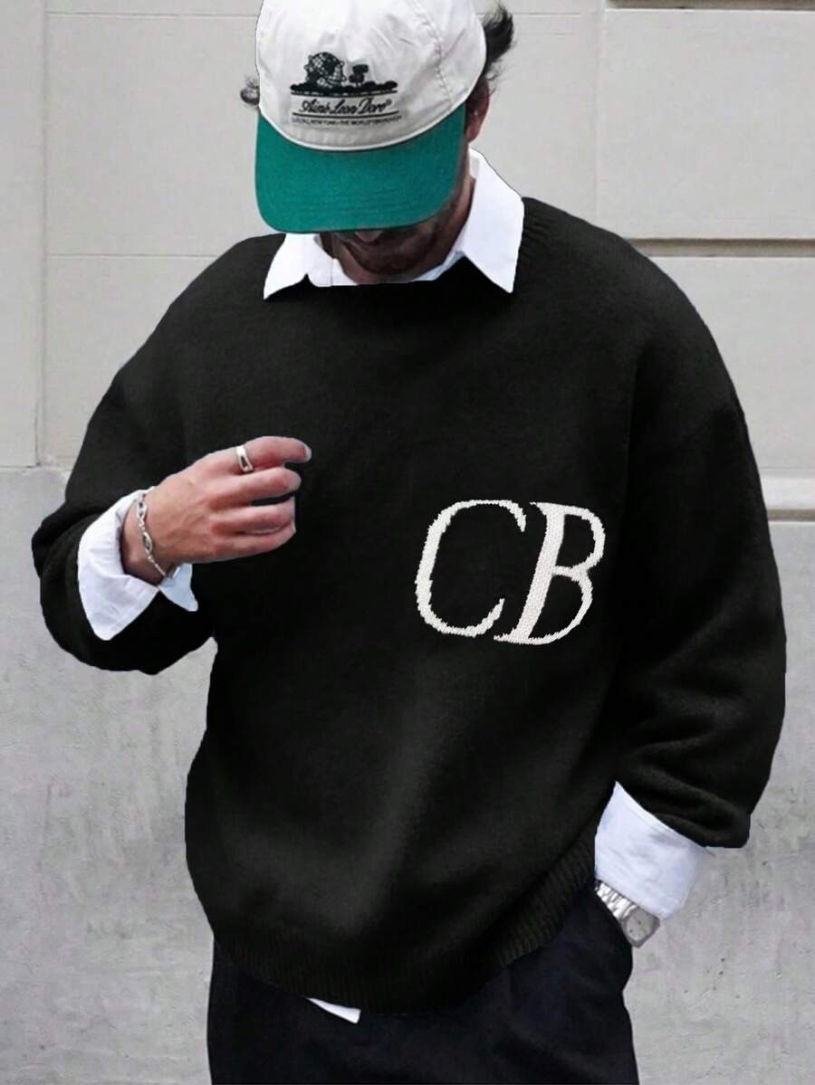 Lätt och avslappnad pullover med bokstavsintarsiamönster för män/damer, lämplig för vår, höst och vinter - Svart - Visa 1