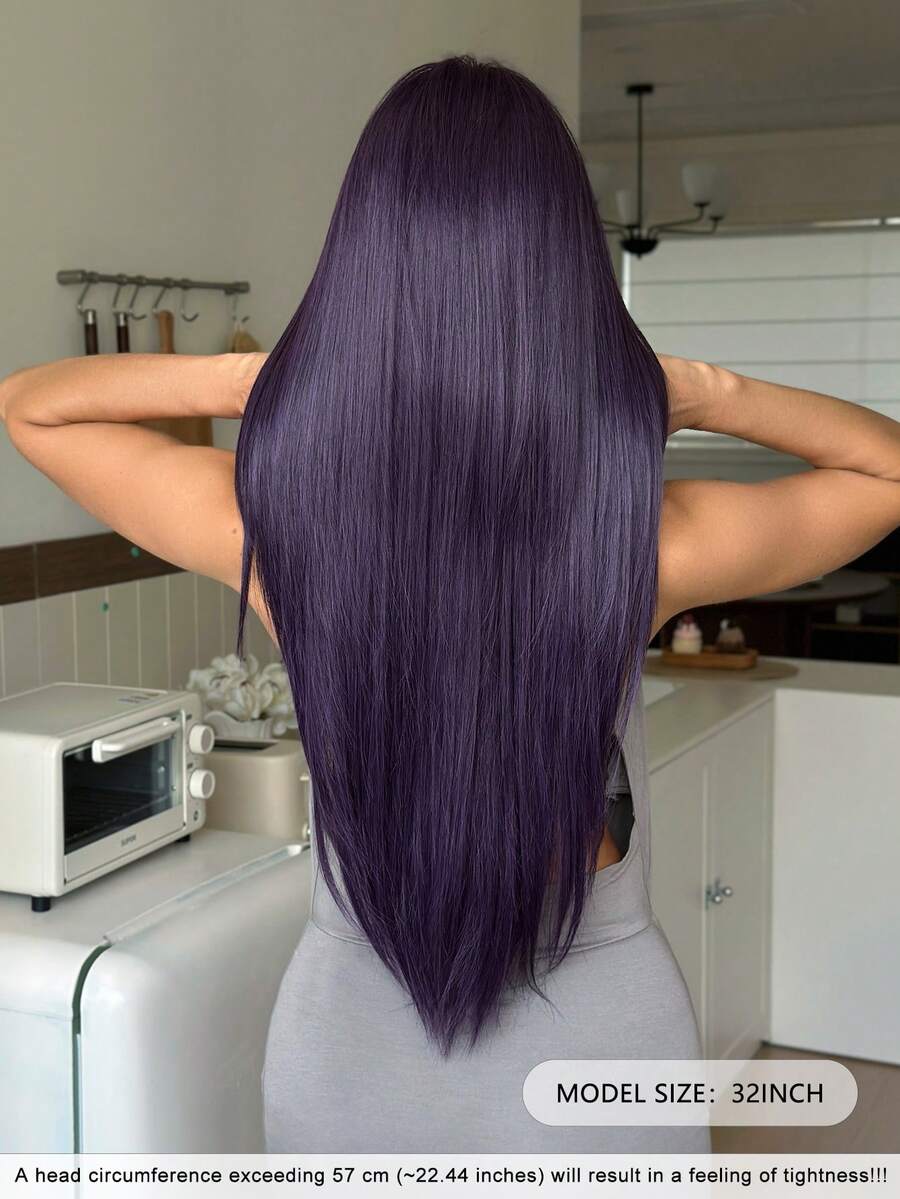 NAMM 32 Inch Extra Long Straight Layered Purple Wig For Women, Elegant Natural Style With Bangs, High Density Fluffy Heat-Resistant Synthetic Fiber Hair, Suitable For Beginners, No Glue, Daily Wear, Party, Halloween, Anime Cosplay, Music Festival - 紫色 - 查看 1