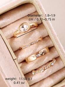 Bộ 4 chiếc nhẫn hợp kim mạ vàng đính đá Rhinestone sang trọng, thời trang, cao cấp, đa năng, thanh lịch, thích hợp làm quà tặng cho bạn gái, nhẫn cưới/nhẫn đính hôn - Nhiều màu - Xem 8