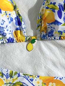 Bộ bikini 2 mảnh in hình chanh, thiết kế buộc dây với mặt dây chuyền hình chanh trang trí, thích hợp cho kỳ nghỉ biển, tiệc bể bơi và dã ngoại mùa hè. - Nhiều màu - Xem 6