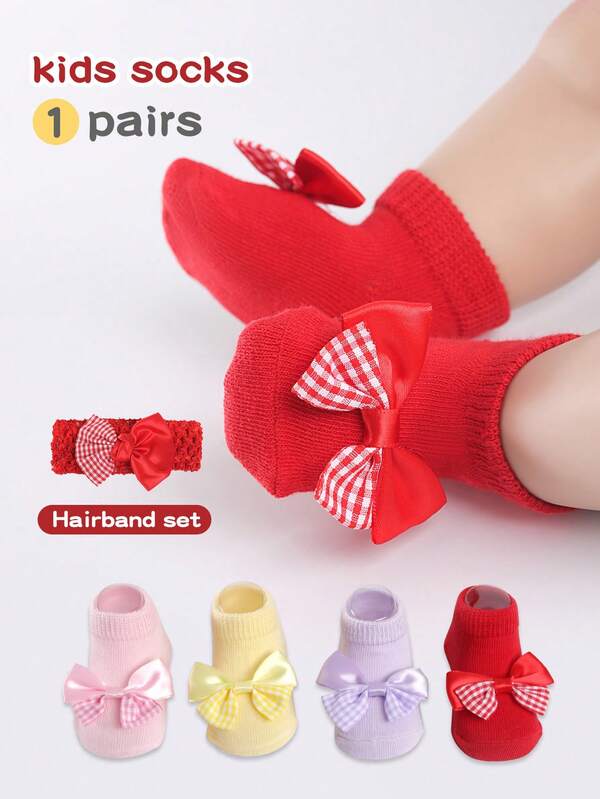 1 par de meias de princesa com laço e faixa de cabeça para meninas, meias curtas fofas para o Natal, primavera/outono