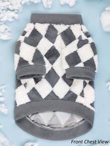 1pc Dark Gray And White Jacquard Diamond Grid Comfortable Cotton Fleece Pet Sweatshirt Dog Hoodie