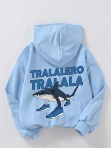 Bluza z kapturem i nadrukiem rekina dla chłopców w stylu casual, z długim rękawem, jesień i zima, w stylu studenckim