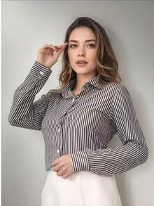 Women's Striped And Plain Premium Crepe Dress Shirt | Elegant And Comfortable Blouse - 黑色 - 查看 1