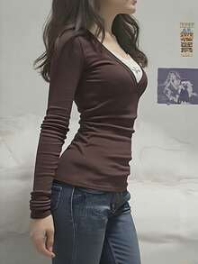 Fairy Grunge Y2K Shirts For Women Long Sleeve Lace Patchwork Tees Tops Teen Girls Aesthetic Vintage Slim Blouse Fall Clothes - Màu nâu Sô-cô-la - Xem 2