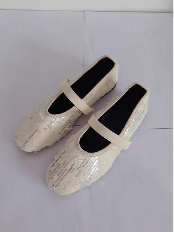 Women's Fashion Imported Square Toe Sequin Patchwork Slip-On Comfortable Versatile Flat Ballet Shoes, Spring/Autumn, Plus Size