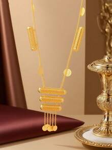 1pc Gold-Plated Turkish Kurdish Bridal Shoulder Chain, Arabic Coin Totem Long Necklace, Wedding Festival Women Jewelry - Gold - View 2