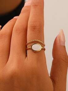 COINBUFF 1pc Elegant Oval Geometric Pattern Stainless Steel Open Ring, Suitable For Women's Daily Wear