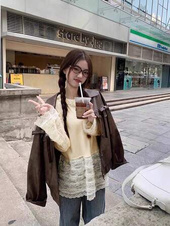 可爱女孩蕾丝拼布下摆长袖衬衫，独特设计女式秋季服装