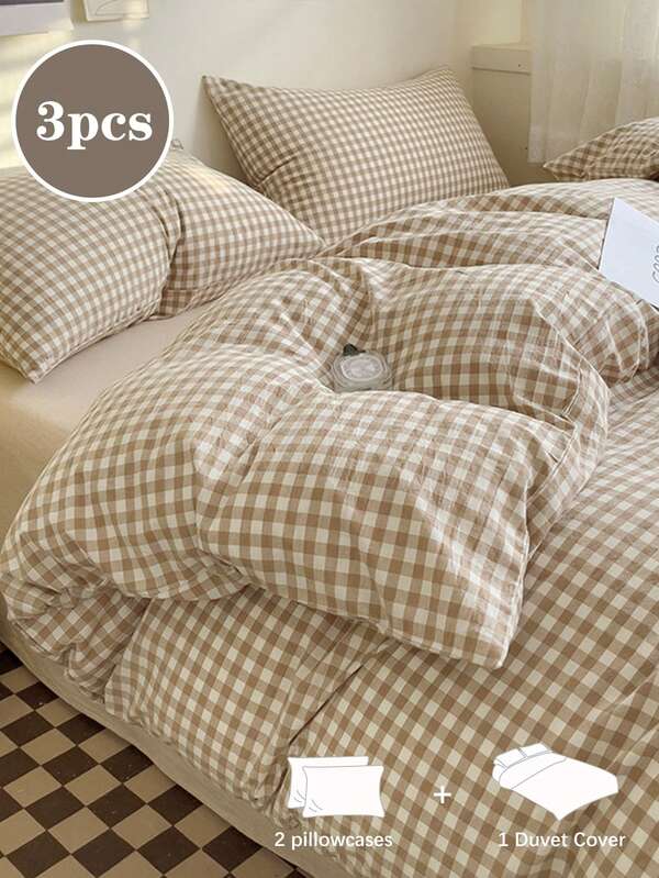 3pcs Brown White Two-Color Plaid Is Fresh And Simple, Students Are Super Soft, Four Seasons Solid Color Sanded Quilt Cover Pillowcase, Bedding, Soft And Skin-Friendly Quilt Cover, Quilt Suit And Pillowcase, Excluding Quilt Core, Suitable For Double Full-Size Queen Bed, Suitable For All Seasons, Home Decoration Gifts, And Machine Washable Fresh And Simple Student Quilt Cover TwinFullQueenKing.